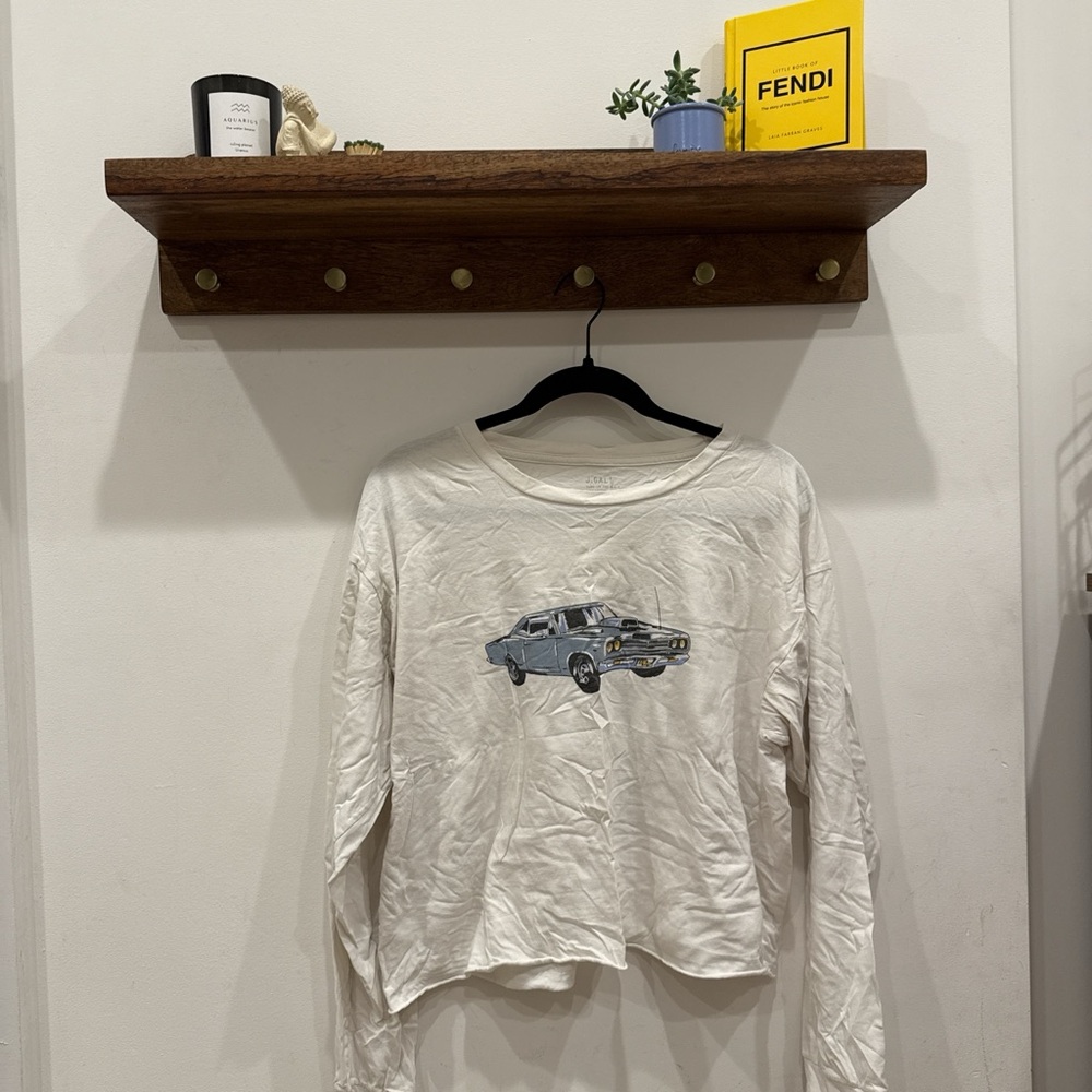 Brandy Melville White Long Sleeve Shirt with Car Graphic